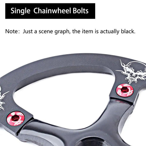 Close-up of 10 Pack M8 Bike Chainring Bolts Set 7075 Aluminum Alloy Crankset Nuts adorned with red anodized bolts on a black chain wheel.