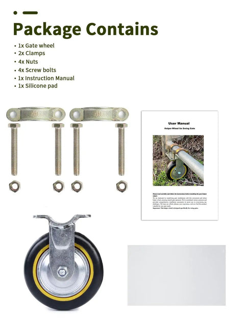 Six Inch Gate Wheel For Metal Tube Gates One Pack Anti Slip Adjustable Farm Gate Wheel package contents display
