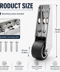 Heavy Duty Sliding Door Bottom Rollers Two Pack Vertical Track Guide Wheels With Durable Rubber Tires For No More Dragging And Smooth As Butter Low Profile Operation Built Tough, showing product size and mounting details.