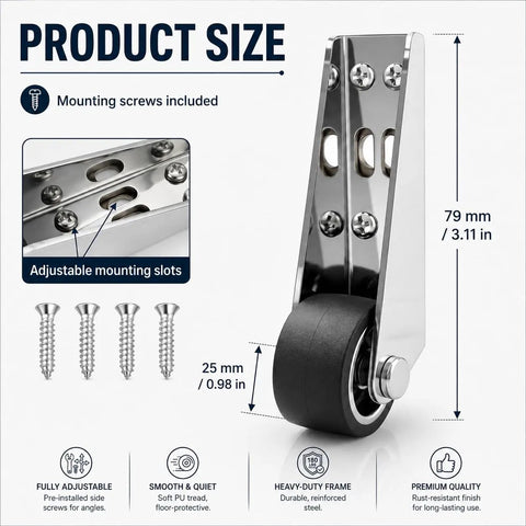 Heavy Duty Sliding Door Bottom Rollers Two Pack Vertical Track Guide Wheels With Durable Rubber Tires For No More Dragging And Smooth As Butter Low Profile Operation Built Tough, showing product size and mounting details.
