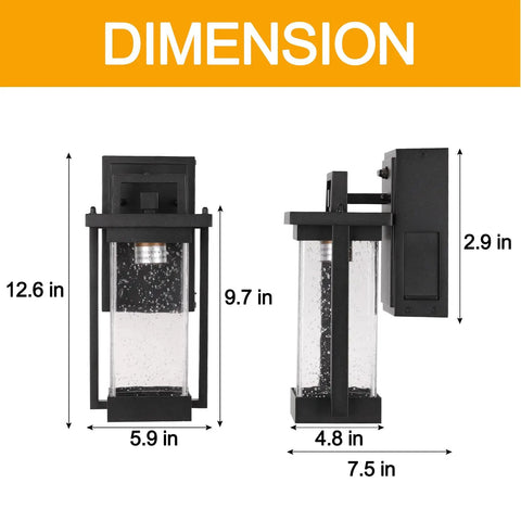 Dusk To Dawn Outdoor Light With GFCI Outlet Bubble Glass Exterior Wall Mount Fixture dimensions shown in black metal