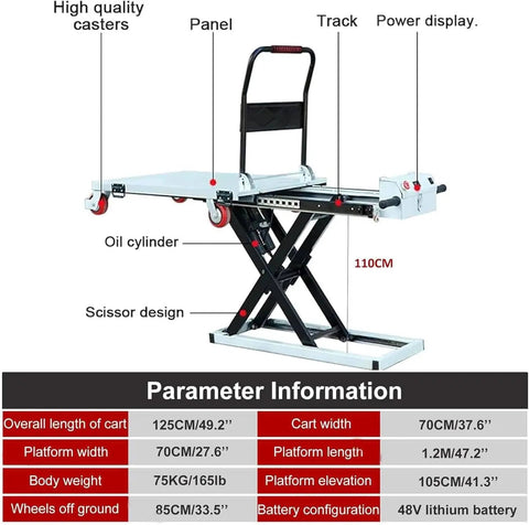 Heavy Duty Portable Hydraulic Lift Table Cart With Electric Motor And Strong Steel Shear Fork For Moving Heavy Loads Up To 660 Lbs Safely In Warehouse Or Garage Jobs displayed with specifications and features.