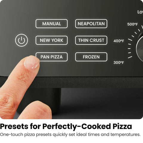 Display panel of Indoor Pizza Oven That Makes 12 Inch Pizzas Fast, Reaches Up To 800 Degrees Fahrenheit, Countertop Electric Maker With 5 Presets.
