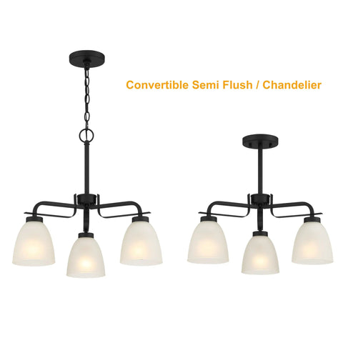 Dope Frosted Glass Convertible Semi Flush Ceiling Light Chandelier, 3 Light, 180 Total Watts, 120V, Coal Finish, Two Mount Styles