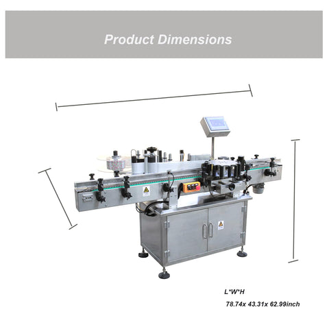 Top Shelf Automatic Vertical Labeling Machine For Round Bottles Smooth Circumferential Wrapping dimensions 78.74x43.31x62.99 inches.