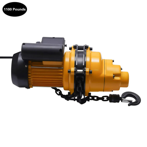 Heavy Duty Electric Chain Hoist 1100 Lb Capacity with aluminum body and steel hook, designed for smooth lifting in garages.