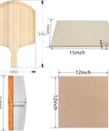 4 Piece Rectangle Pizza Stone Set 15 Inch For Oven And Grill With Oak Pizza Peel And Steel Pizza Cutter Plus 10 Free Parchment Papers, dimensions shown.
