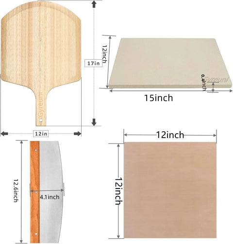 4 Piece Rectangle Pizza Stone Set 15 Inch For Oven And Grill With Oak Pizza Peel And Steel Pizza Cutter Plus 10 Free Parchment Papers, dimensions shown.