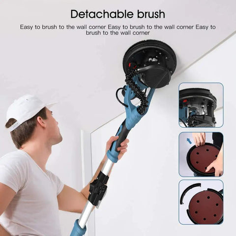Beast 800W Electric Drywall Sander with 5 Speed Settings foldable design in use on ceiling showing detachable brush feature