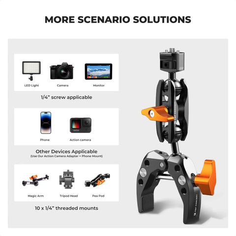 Heavy Duty Camera Clamp Mount With Two 360 Degree Ball Heads Magic Arm for DSLRs, action cameras, phones, table tripod use.