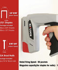Top Tier 2 In 1 Cordless Electric Staple Gun And Brad Nailer Combo with clear specifications held in hand against a wall.