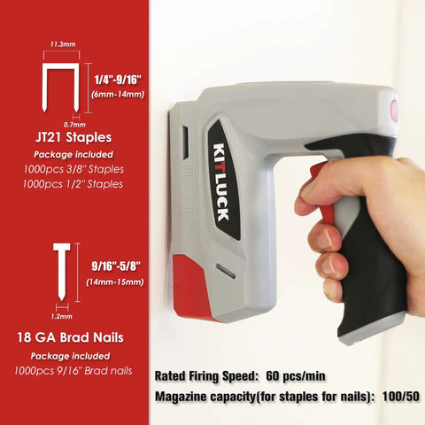 Top Tier 2 In 1 Cordless Electric Staple Gun And Brad Nailer Combo with clear specifications held in hand against a wall.