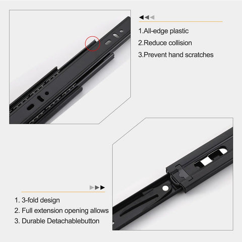 Close-up of Beefy 14 Inch Full Extension Drawer Slides with ball bearing side mount, black finish, highlighting safety features.