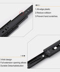 Close-up view of the Sixteen Inch Full Extension Drawer Slides Set With Ball Bearing, Built Tough, 6 Pairs, 12 Pieces, Three Fold Full Extension, Side Mount, 100 Lb Capacity, Black Finish, Easy Install For Kitchen Cabinets And Furniture showing 3-fold design and safety features.
