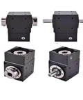 Right Angle Planetary Gearbox With Seven Arc Minute Precision Commutator for 80 Servo and Nema 34 Motors, front and side view