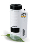 Pocket LED Microscope With 60X To 200X Zoom, Portable Handheld Micro Observation Tool For Kids And Adults, Mini Field Lab Microscope For Science Projects And Outdoor Microbe Exploration. White plastic pocket LED microscope with 60x-200x zoom on a leaf