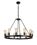 Farmhouse Wagon Wheel Chandelier 34.45 Inch Diameter Rustic Industrial Island Light 12 Light Vintage Chandelier For Dining Room Living Room Kitchen Hallway Foyer Entryway Hotel Black Finish, showcasing a black circular frame and Edison bulbs.