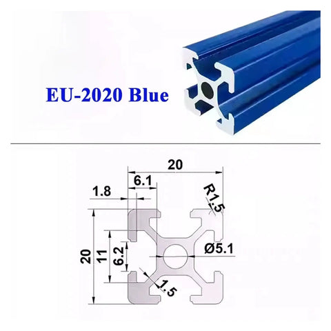 Premier 20X20mm T Slot Aluminum Extrusion Profile With Anodized Blue Finish, dimensioned drawing and profile view.