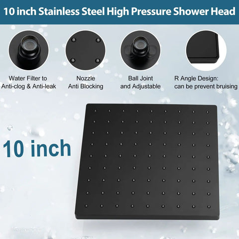 10 Inch Rain Shower System With Wall Mount And Pressure Balance Valve ABS Handheld Shower And Rain Head Matte Black Two Way Faucet Trim Kit For DIY Pro Grade Spa Quality Bathroom Remodel.