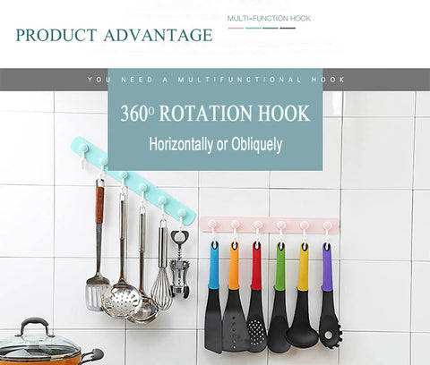Kids Room Wall Mount Coat Rack With Six Rotating Adhesive Hooks For Hanging Clothes Kitchen Tools Towels Pink Decorative Hangers For Girls Bedroom Easy No Drill Install Durable PP Material, shown with kitchen utensils hanging.