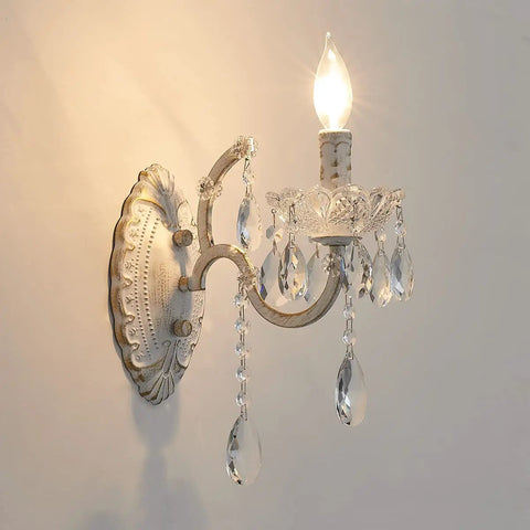 1 Light Distressed White Crystal Wall Sconce With Candle Style Vintage Farmhouse Vibe, French Country Crystal Drops, Elegant Bedroom Bathroom Hallway Living Room Light Fixture, side view