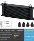 16 Row Transmission Oil Cooler Kit With 6AN And 8AN Adapters Stacked Plate Aluminum Alloy Engine Cooler shown with adapters.