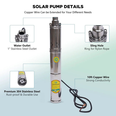 Diagram details of Submersible Deep Well Solar Water Pump 24V 370W Stainless Steel No Fuss Irrigation Built Tough High Lift 213 Feet 8.8 GPM Flow Brushless DC Motor Solar Water Circulation System