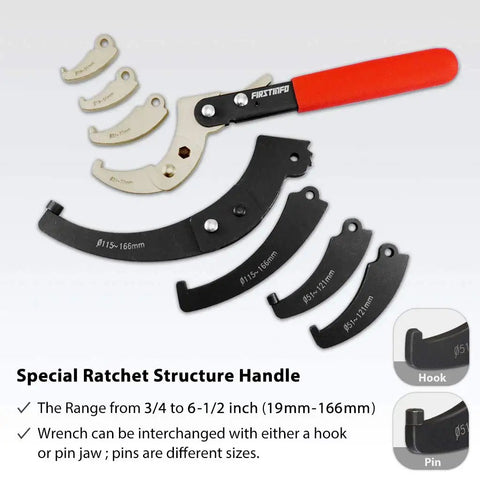 11 Piece Hook And Pin Spanner Wrench Set With Changeable Heads From 3/4 To 6 1/2 Inch for Suspension, displayed with red handle and heads.