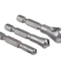 Heavy Duty 3 Piece Countersink Chamfer Drill Bit Set With One Quarter Inch Hex Shank High Speed Steel Knockout Deburring Tool for various tasks.