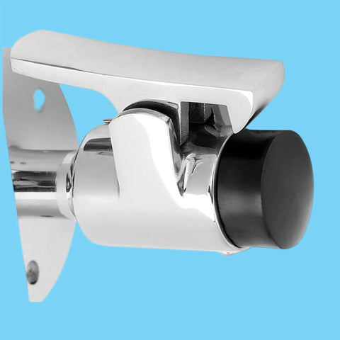 Marine Grade Stainless Steel 316 Boat Door Stopper With Rubber Tip Bumper And Spring Loaded Latch Door Holder For Yachts RVs Motorhomes Campers Marine Hardware Set With Fastener. Close-up view showing rubber tip and spring latch.