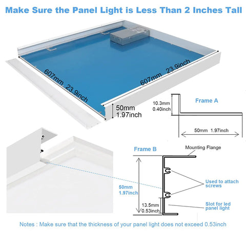 Diagram of 6 Pack 2x2 LED Flat Panel Surface Mount Kit Aluminum Drop In Ready Ceiling Frame 24x24 Inches LED Panel Light Not Included