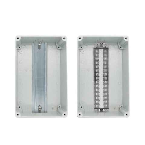 SHIHUANI explosion-proof aluminum junction box set; left shows DIN rail, right shows terminal block for IP68.