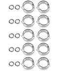 Set Of 10 Metal Bird Foot Rings With Easy Clip Openers For Small To Large Birds, shown with circular shiny metal design.