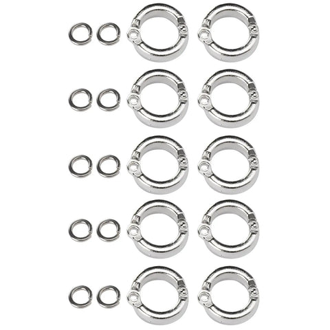 Set Of 10 Metal Bird Foot Rings With Easy Clip Openers For Small To Large Birds, shown with circular shiny metal design.