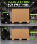Raelon F4 Electric Pallet Jack With 3300 Lb Capacity And Quick Swap Lithium Battery For Warehouse Forklift Jobs, showing adjustable heights 7.5 in and 3.1 in.