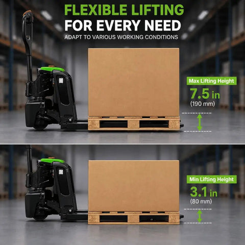 Raelon F4 Electric Pallet Jack With 3300 Lb Capacity And Quick Swap Lithium Battery For Warehouse Forklift Jobs, showing adjustable heights 7.5 in and 3.1 in.