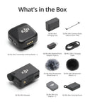 Components of Small But Mighty Wireless Lavalier Microphone System for iPhone, Android, and Cameras with transmitters and accessories