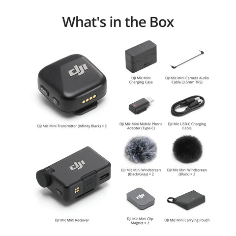Components of Small But Mighty Wireless Lavalier Microphone System for iPhone, Android, and Cameras with transmitters and accessories