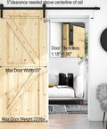 Budget Friendly Six Foot Sliding Barn Door Hardware Kit For One Wood Door, shown installed on 35 inch wide, 1.18 to 1.96 inch thick door.