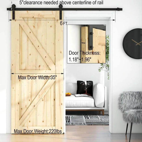 Budget Friendly Six Foot Sliding Barn Door Hardware Kit For One Wood Door, shown installed on 35 inch wide, 1.18 to 1.96 inch thick door.