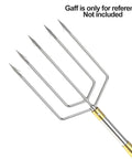 Close-up of a multi-pronged stainless steel gig for use with Retractable Fishing Gaff Stainless Steel 6 Foot Telescopic Gaff Pole With 8mm Screw Hole For Harpoon Rigs, Flounder And Frog Gig, Extendable Reach, Heavy Duty Fishing Tool For Rocks And Reefs, shown with reference note.