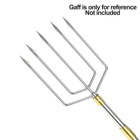 Close-up of a multi-pronged stainless steel gig for use with Retractable Fishing Gaff Stainless Steel 6 Foot Telescopic Gaff Pole With 8mm Screw Hole For Harpoon Rigs, Flounder And Frog Gig, Extendable Reach, Heavy Duty Fishing Tool For Rocks And Reefs, shown with reference note.