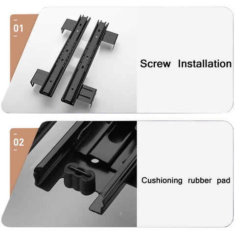 Heavy Duty Rock Solid Metal Drawer Slides 2 Pack Black Steel Runners Ball Bearings For Smooth Full Extension Telescopic Guides Rust Resistant Cold Rolled Steel Build Upgrades Cabinets With Sick Smooth Gliding Action Locks Tight For Tough Home Or Shop, screw install and rubber pad
