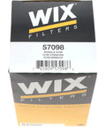 Box packaging for Wix spin-on hydraulic filter, model 57098, labeled for heavy-duty vehicles and off-road equipment protection.