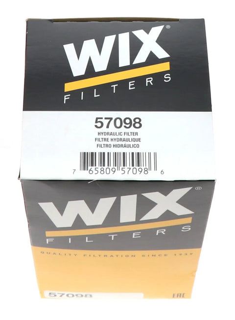 Box packaging for Wix spin-on hydraulic filter, model 57098, labeled for heavy-duty vehicles and off-road equipment protection.