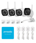 Four 1080p Full HD Outdoor Wireless Security Cameras with accessories and quick start guide for easy setup in smart homes