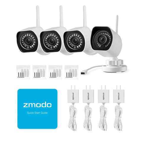 Four 1080p Full HD Outdoor Wireless Security Cameras with accessories and quick start guide for easy setup in smart homes