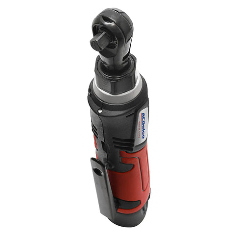 12V Cordless Li Ion 1 Quarter Inch Torque Ratchet Wrench Kit With LED Light, showing red and black body with 1/4-inch head