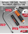 Front view of HORUSDY heavy-duty grease gun kit with orange/black body, 18in flex hose, 7in extension straight pipe.