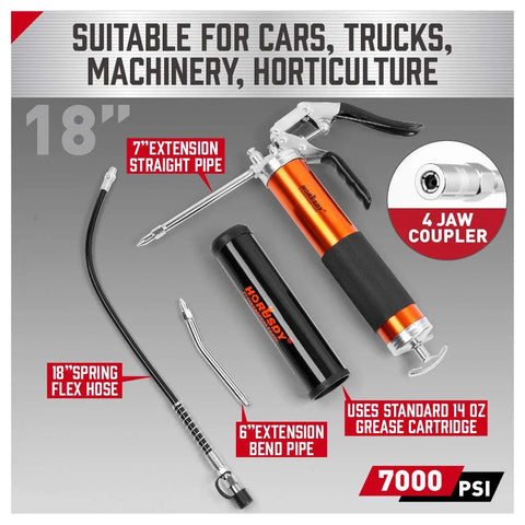 Front view of HORUSDY heavy-duty grease gun kit with orange/black body, 18in flex hose, 7in extension straight pipe.